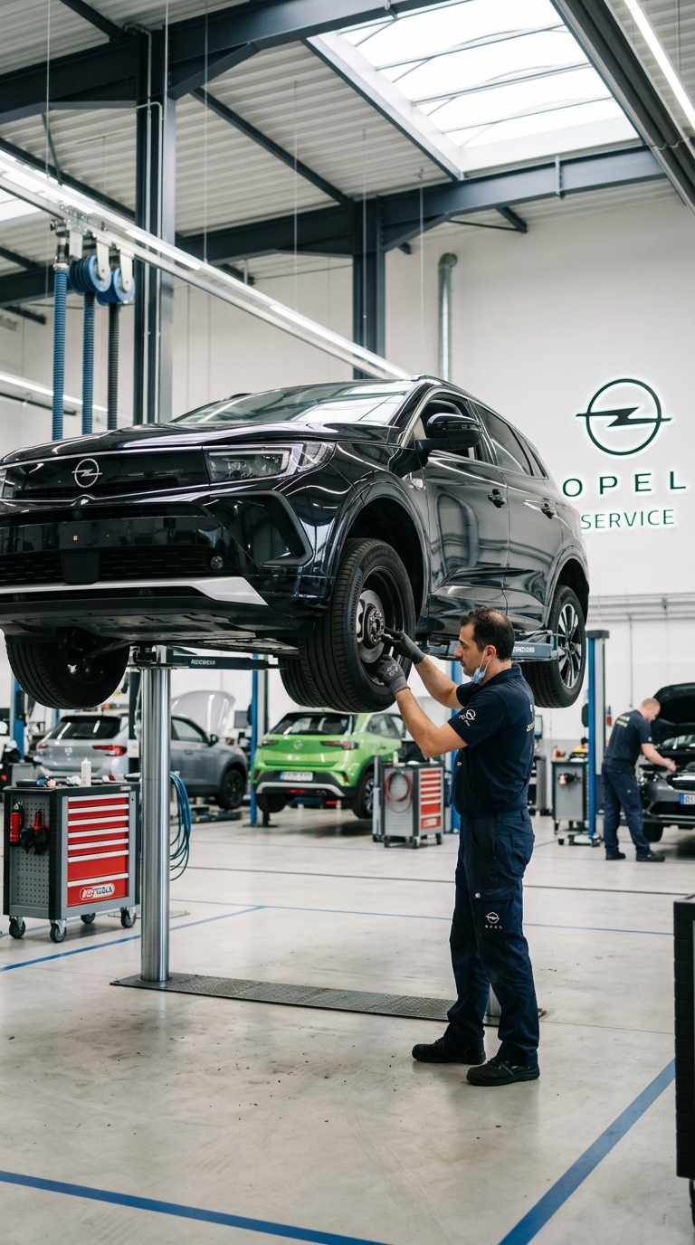 Ein Mechaniker arbeitet an einem auf einer Hebebühne stehenden Opel in einer Opel-Service-Werkstatt